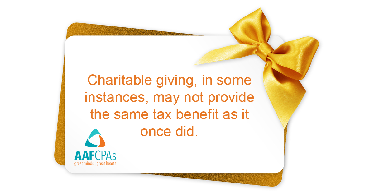 Charitable giving may not provide the same tax benefit